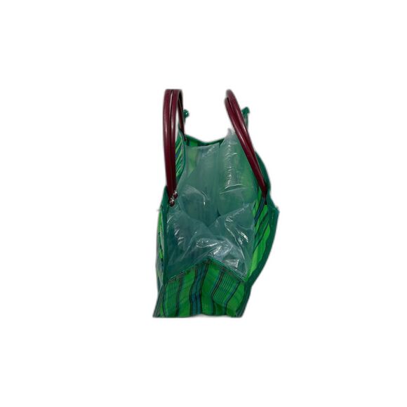 Mexican Small Hand Bag Tote Purse Green Plastic Striped 10”X 9” Boho - Picture 2 of 8